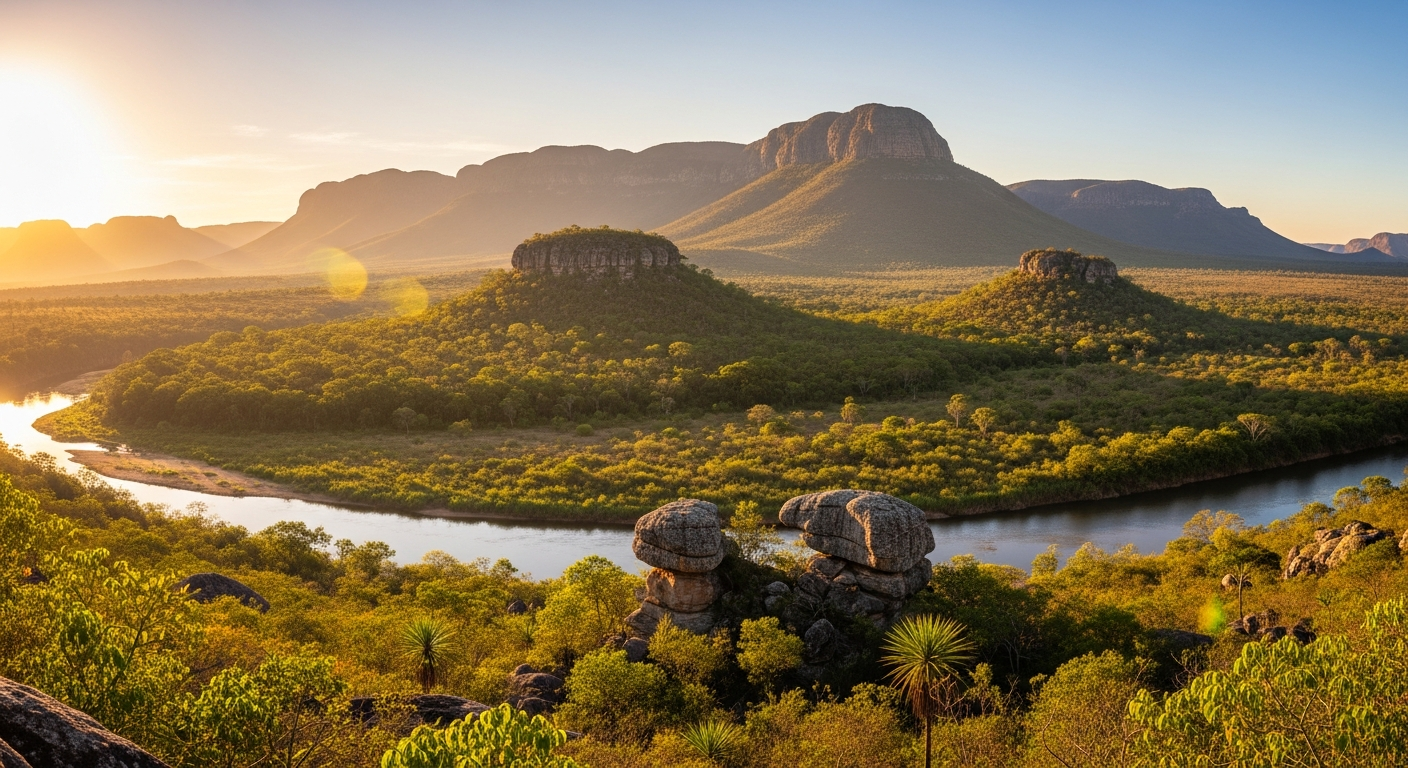 Sunlit landscape near Rajaaram in the Cerrado, Alto Paraíso de Goiás